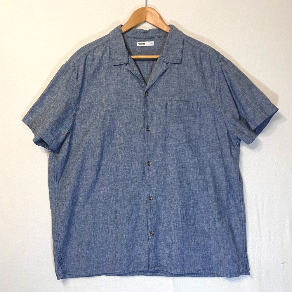 SONOMA‎ Goods for Life Mens Linen Blend Short Sleeve Button Up Shirt Blue XXL